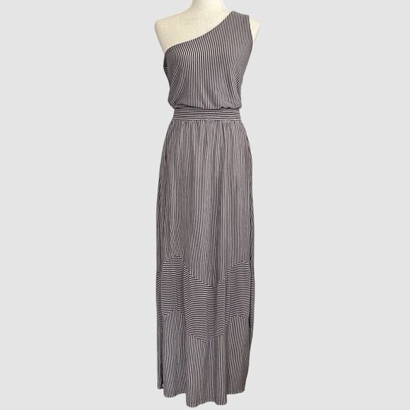 Ripcurl One Shoulder Striped Maxi Dress Size M Brown White Beachy Coastal Preppy - Picture 1 of 9